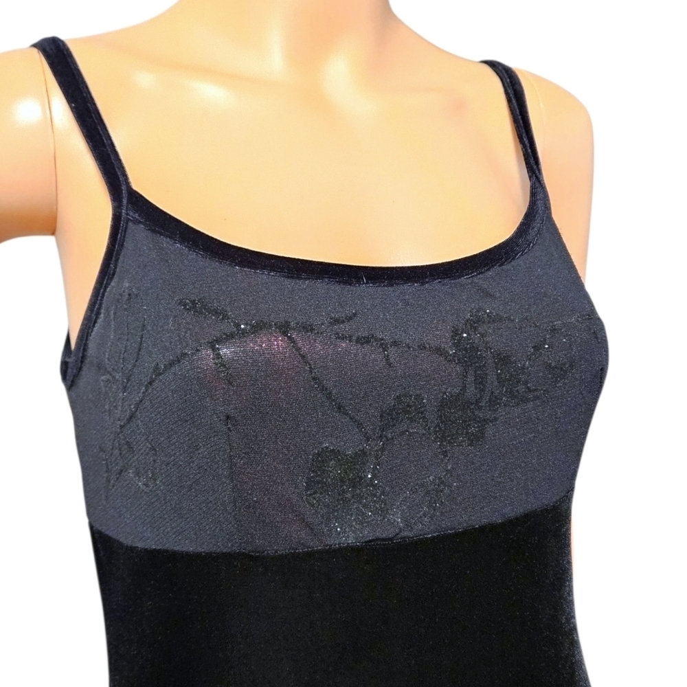 VTG 579 Black Velvet Evening Gown Sz 1 Floral Shimmer Bodice Slit Whimsigoth 90s - Picture 3 of 15